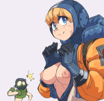  1girl apex_legends blonde_hair breasts breasts_out clothed inkershike lichtenberg_figure medium_breasts nipples octane_(apex_legends) presenting_breasts ro scar smile wattson_(apex_legends) white_background 