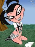  black_hair blouse blush braces brown_eyes ear_piercing fluffy_(artist) glasses grass grin long_hair looking_at_viewer miniskirt navel nickelodeon outside pigtails school_shoes schoolgirl sexy stockings the_fairly_oddparents tootie tree vest 