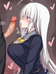 1boy 1girl ayachi_nene big_breasts blazer blush bow bowtie breasts heart imminent_fellatio long_hair makochan42 male/female open_mouth penis penis_out purple_eyes sanoba_witch school_uniform skirt solo_focus sweat tongue tongue_out white_hair yellow_bowtie