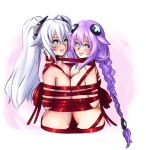  2_girls arms_behind_back barbariank bdsm black_heart blue_eyes blush bondage braid breast_press choujigen_game_neptune hair_ornament long_hair multiple_girls naked_ribbon no_legs nude purple_hair purple_heart red_ribbon ribbon single_braid symmetrical_docking twin_tails very_long_hair white_hair 