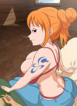  1boy 1girl big_breasts bikini bitch breasts earrings female_pervert hooker imminent_sex jeans money nami nami_(one_piece) one_piece orange_hair panties pervert prostitute prostitution smile 