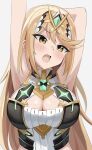 1girl alluring arm_behind_head arms_up bare_shoulders big_breasts blonde_hair blush breasts chest_jewel cleavage_cutout clothing_cutout dress head_tilt high_res long_hair looking_at_viewer mythra nintendo open_mouth swept_bangs tiara upper_body very_long_hair white_background white_dress xenoblade_(series) xenoblade_chronicles_2 yellow_eyes yuugiri_(yougiri_you)