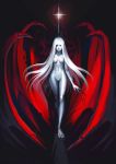 1girl blood bloody_tears breasts claws cross felsus fingernails long_hair monster navel nipples no_pussy nude original red_eyes sharp_fingernails signature skull solo very_long_hair walking white_hair white_skin