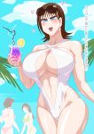  1girl alluring avataro_sentai_donbrothers bare_legs beach big_breasts bikini blue_eyes brown_hair cleavage one-piece_bikini otokam1117 sononi super_sentai 