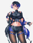  0_5zero 1girl abs alluring athletic athletic_female big_breasts black_and_purple_hair female_abs female_only fit_female fully_clothed namco reina_(tekken) standing sweat tekken tekken_8 thick_thighs tight_clothing 