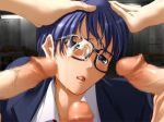 1girl 3boys androgynous bangs bespectacled black-framed_glasses blazer blue_eyes blue_hair blush bukkake censored close-up clothed_sex cum cum_on_glasses discode discode_surface facial formal game_cg gangbang glasses group_sex hand_on_head handjob head_tilt hetero izumi_kyouka looking_at_viewer mosaic_censoring multiple_boys necktie open_mouth penis rape saberfish school_uniform sex shiny shiny_hair shirt short_hair solo_focus suit veins veiny_penis wing_collar