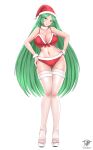 1girl 1girl absurd_res alluring artist_name big_breasts bikini christmas closed_mouth collarbone female_focus green_eyes green_hair hands_on_own_hips hat high_res kaos_art kid_icarus kid_icarus_uprising lips long_hair looking_at_viewer matching_hair/eyes navel nintendo palutena red_bikini santa_hat smile stockings swimsuit toes very_long_hair white_background