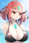 1girl adapted_costume alluring alternate_costume beach big_breasts bikini black_bikini blue_sky breasts chest_jewel cleavage earrings high_res jewelry kanuici336 navel pyra_(xenoblade) red_eyes red_hair short_hair sky smile swept_bangs swimsuit tiara two-tone_swimsuit xenoblade_(series) xenoblade_chronicles_2