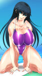 1girl 1girl big_breasts byakkun_(byakkun8181) high_res highleg highleg_one-piece_bikini igawa_asagi long_hair one-piece_bikini outside shiny_skin smile swimsuit taimanin_(series) taimanin_asagi wide_hips