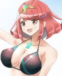 1girl 1girl :d adapted_costume alluring alternate_costume big_breasts bikini black_bikini chest_jewel cleavage core_crystal_(xenoblade) heroine high_res kanuici336 milf open_mouth pyra_(xenoblade) red_eyes red_hair short_hair smile swept_bangs swimsuit tiara two-tone_bikini xenoblade_(series) xenoblade_chronicles_2