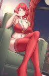 1girl alluring ghnauval117 heroine lingerie milf nintendo panties pyra_(xenoblade) red_eyes red_hair red_lingerie red_thighhighs short_hair sitting sitting_on_bed stockings xenoblade_(series) xenoblade_chronicles_2