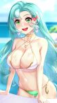 1girl alluring alternate_costume anisdrawn aqua_hair bikini braid chloe_(fire_emblem) earrings female_only fire_emblem fire_emblem_engage gold_trim green_bikini green_eyes high_res intelligent_systems jewelry long_hair navel nintendo o-ring o-ring_bikini open_mouth parted_hair single_braid smile swimming_pool swimsuit teeth upper_teeth very_long_hair watermark white_bikini white_swimsuit