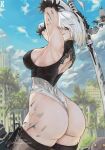 1girl big_breasts blue_eyes bubble_butt cleavage horny howxen inviting_to_sex looking_at_viewer nier nier:_automata nier_(series) pose standing stockings teasing thick_thighs white_hair yorha_no._2_type_b