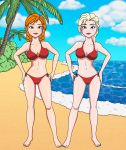 2_girls 2girls anna_(frozen) beach bikini blonde blonde_hair braid braided_hair breasts elsa elsa_(frozen) female female_only frozen_(movie) long_blonde_hair long_hair looking_at_viewer mostly_nude outdoor outside red_bikini red_hair redhead royalty siblings side-tie_bikini_bottom sisters standing