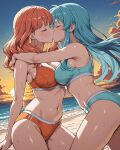 2_girls accurate_art_style alluring beach bikini celica_(fire_emblem) closed_eyes eirika_(fire_emblem) fire_emblem fire_emblem:_the_sacred_stones fire_emblem_echoes:_shadows_of_valentia fire_emblem_warriors intelligent_systems kissing medium_breasts ocean sunset yuriship.art
