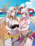 1girl 1girl 2_girls alluring armlet asymmetrical_docking bare_arms bare_shoulders beach big_breasts bikini black_bikini blonde_hair blue_hair blush breast_press cleavage collarbone colored_inner_hair colored_skin commentary commission curled_horns english_commentary fire_emblem fire_emblem_heroes flower flower_necklace freyja_(fire_emblem) freyja_(summer)_(fire_emblem) goat_horns grey_skin gullveig_(fire_emblem) gullveig_(summer)_(fire_emblem) halo holding_hands horns intelligent_systems jewelry large_horns long_hair looking_at_viewer multicolored_hair multiple_girls navel necklace nintendo ocean official_alternate_costume outside red_horns rein_creamsoda sarong see-through_clothes single_horn stomach swimsuit thick_thighs thighs twitter_username two-tone_hair very_long_hair white_bikini white_hair wide_hips yellow_eyes yellow_halo yellow_sarong yuri