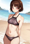 1girl alluring atlus beach big_breasts bikini blue_sky brown_hair crimson_eyes makoto_niijima medium_breasts ocean persona persona_5 pin_up schinamaniac sega silf