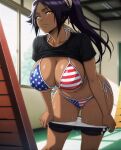 1female 1girl 1girl 1girls 4k 8k ai_generated american_flag_bikini bikini black_shirt bleach dark-skinned_female dark_skin dark_skinned female_only high_res high_res high_resolution hires indoors inside pony_tail purple_hair shirt shirt_lift shorts showing showing_off solo_female tagme taking_off_clothes under_boob yellow_eyes yoruichi yoruichi_shihouin