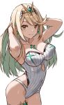 1girl 1girl alluring big_breasts blonde-haired_female blonde_female blonde_hair blonde_hair_female female_only hands_in_hair mythra_(radiant_beach)_(xenoblade) mythra_(xenoblade) one-piece_bikini swimsuit white_swimsuit xenoblade_(series) xenoblade_chronicles_2 yellow_eyes