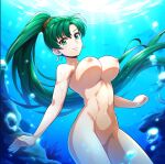 1girl alluring bare_legs closed_eyes completely_nude_female fire_emblem fire_emblem:_the_blazing_blade fire_emblem_warriors green_hair intelligent_systems lyn lyn_(fire_emblem) lyndis lyndis_(fire_emblem) nightcore_(artist) nintendo nude ocean ponytail pussy skinny_dipping underwater