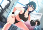1girl alluring athletic_female big_breasts byleth_(fire_emblem) byleth_(fire_emblem)_(female) cleavage dumbbell female_abs fire_emblem fire_emblem:_three_houses fit_female gym intelligent_systems lifting_dumbbell nicado nintendo short_gym_shorts sports_bra teal_eyes teal_hair working_out