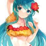 1girl 1girl alluring aqua_eyes aqua_hair arm_up bikini cleavage eirika_(fire_emblem) eirika_(summer)_(fire_emblem) fire_emblem fire_emblem:_the_sacred_stones fire_emblem_heroes flower hair_flower hair_ornament high_res intelligent_systems jurge light_smile long_hair looking_at_viewer medium_breasts nintendo official_alternate_costume red_flower sidelocks swimsuit upper_body white_background yellow_bikini