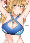 1girl 1girl alluring arms_up big_breasts bikini blonde_hair blush cleavage fiora_(xenoblade) green_eyes meidza_d tagme xenoblade_(series) xenoblade_chronicles