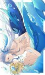 1boy 1girl blonde_female blonde_hair breasts face-to-face female flower_in_hair genshin_impact holding_hands long-haired_male long_hair lumine_(genshin_impact) male male/female merfolk mermaid mermaid_girl mermaid_tail merman neuvillette_(genshin_impact) nude quinny_il romantic shirtless sideboob tail topless topless_female underwater water