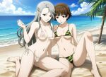 2_girls alluring atlus beach bikini blush braided_hair brown_hair cameltoe grey_hair hairclip incest makoto_niijima nightcore_(artist) nipples_visible_through_swimsuit persona persona_5 red_eyes sae_niijima sega silf silfs sister sister_and_sister sisters swimsuit teen yuri