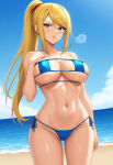 1girl alluring beach big_breasts bikini blonde_hair blue_eyes blue_sky metroid nintendo ocean pin_up samus_aran schinamaniac under_boob