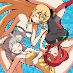 3_girls absurd_res alluring animal_ears bare_legs bare_shoulders big_breasts blonde_hair breasts cat_ears chest_jewel cianter closed_eyes closed_mouth dress facial_mark grey_hair high_res long_hair multiple_girls mythra_(radiant_beach)_(xenoblade) mythra_(xenoblade) nia_(fancy_sundress)_(xenoblade) nia_(xenoblade) official_alternate_costume one-piece_bikini open_mouth pyra_(pro_swimmer)_(xenoblade) pyra_(xenoblade) red_hair short_hair sleeping smile strapless strapless_one-piece_bikini sundress swimsuit thighs tiara very_long_hair whisker_markings xenoblade_(series) xenoblade_chronicles_2 yellow_dress