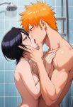 black_hair bleach french_kissing ichigo_kurosaki ichiruki novelai orange_hair rukia_kuchiki showering small_breasts wet_hair