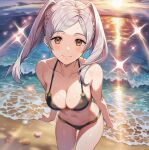 1girl alluring beach bikini brown_eyes cleavage fire_emblem fire_emblem_awakening fire_emblem_warriors intelligent_systems medium_breasts nightcore_(artist) nintendo ocean pin_up robin_(fire_emblem) robin_(fire_emblem)_(female) silver_hair