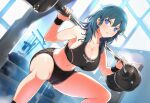 1girl alluring athletic_female big_breasts byleth_(fire_emblem) byleth_(fire_emblem)_(female) cleavage dumbbell female_abs fire_emblem fire_emblem:_three_houses fit_female gym gym_shorts intelligent_systems lifting_weights nicado nintendo sports_bra teal_eyes teal_hair working_out
