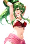 1girl absurdres alluring bikini blush cleavage fire_emblem fire_emblem_awakening fire_emblem_heroes fire_emblem_warriors food fruit green_eyes green_hair hair_ornament highres intelligent_systems jurge long_hair looking_at_viewer medium_breasts navel nintendo official_alternate_costume open_mouth pointy_ears ponytail red_bikini ribbon sideboob smile solo swimsuit tiara tiki_(adult)_(fire_emblem) tiki_(adult)_(summering_scion)_(fire_emblem) tiki_(fire_emblem) watermelon white_background