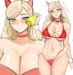 1girl absurd_res alluring animal_ears ann_takamaki atlus bell big_breasts bikini blonde_hair blue_eyes blush cat_ears choker cleavage closed_mouth commentary english_commentary hair_ornament hairclip high_res holding holding_bell looking_at_viewer multiple_views navel nero_watch parted_lips persona persona_5 pom_pom_(clothes) red_bikini red_choker santa_bikini santa_costume sega simple_background stomach sweat swimsuit twin_tails white_background