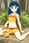  1girl bare_shoulders barefoot bikini blue_eyes blue_hair dawn emunise hair_ornament hairclip hikari_(pokemon) long_hair objectification pokemon pokemon_(anime) psyduck sitting solo swimsuit wariza watering_can 