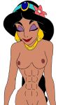 1girl aladdin_(series) alluring athletic_female black_hair closed_eyes completely_nude_female darthvadersith disney disney_princess earrings female_abs fit_female flower_in_hair headdress medium_breasts necklace nude princess_jasmine pussy