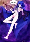  1girl bottomless breasts brow_eyes cape dc_comics eldibi female female_only flying forehead_jewel grey_skin highres hood magic medium_breasts nipples nude penis purple purple_hair pussy raven_(dc) sex shiny short_hair teen_titans testicle uncensored vaginal 