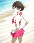 1girl accurate_art_style alluring atlus bare_legs beach bikini makoto_niijima medium_breasts monica_ski ocean one-piece_bikini persona persona_5 pin_up pink_bikini sega silf