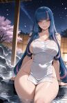 1girl ai_generated blue_hair boruto:_naruto_next_generations curvy curvy_female curvy_figure eida long_hair naruto naruto_shippuden night nude onsen towel two_tone_hair