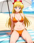  1girl adult_swim alluring beach beach_umbrella big_breasts bishoujo_senshi_sailor_moon bishoujo_senshi_sailor_moon_r bishoujo_senshi_sailor_moon_r_the_movie bishoujo_senshi_sailor_moon_s bishoujo_senshi_sailor_moon_s_the_movie bishoujo_senshi_sailor_moon_supers bishoujo_senshi_sailor_moon_supers_the_movie blonde_hair blue_eyes cleavage minako_aino ocean on_beach_towel pin_up thedaeron toei_animation toonami viz_media 