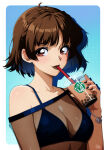 1girl 1girl absurd_res alluring atlus black_bra black_lips black_nails bra bracelet braid brown_hair bubble_tea collarbone commentary crown_braid cup disposable_cup drinking drinking_straw drinking_straw_in_mouth english_commentary gravydood high_res holding holding_cup jewelry looking_at_viewer makoto_niijima medium_breasts persona persona_5 red_eyes see-through_cleavage see-through_clothes see-through_shirt sega shirt short_hair silf underwear upper_body