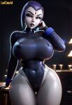 1girl 1girl 3d 3d_(artwork) ai_generated ass big_breasts black_lipstick breasts cameltoe curvaceous curvy curvy_female curvy_figure forehead_jewel goth_girl grey_body grey_skin high_res hourglass_figure leotard lipstick looking_at_viewer lucasai nipple_bulge purple_eyes purple_hair rachel_roth raven_(dc) short_hair solo_female solo_focus standing teen_titans thick_thighs tight_clothing wide_hips