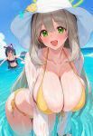 2_girls ai_generated bare_thighs beach bikini blue_archive blue_hair blush cat_ears gigantic_breasts green_eyes grey_hair grin huge_breasts huge_thighs kuromi_serika light-skinned_female light_skin long_hair looking_at_viewer massive_breasts nero_(artist) nonomi_(blue_archive) nonomi_(swimsuit)_(blue_archive) red_eyes squatting sweat sweatdrop thick_body thick_female thick_thighs thighs twin_tails voluptuous voluptuous_female