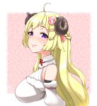  1girl 1girl big_breasts blonde_hair blue_eyes blush breasts hololive horns long_hair looking_over_shoulder sideboob tsunomaki_watame virtual_youtuber 