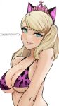 1girl 1girl alluring animal_ears animal_print ann_takamaki aqua_eyes artist_name atlus big_breasts bikini blonde_hair blush cat_ears grin gyaru high_res hime_gyaru leopard_print leopard_print_bikini long_hair looking_at_viewer nero_watch parted_lips persona persona_5 print_bikini purple_bikini sega simple_background smile swimsuit tiara twin_tails upper_body white_background
