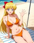 1girl adult_swim alluring beach beach_umbrella big_breasts bishoujo_senshi_sailor_moon bishoujo_senshi_sailor_moon_r bishoujo_senshi_sailor_moon_r_the_movie bishoujo_senshi_sailor_moon_s bishoujo_senshi_sailor_moon_s_the_movie bishoujo_senshi_sailor_moon_supers bishoujo_senshi_sailor_moon_supers_the_movie blonde_hair blue_eyes cleavage minako_aino ocean on_beach_towel pin_up thedaeron toei_animation toonami viz_media