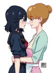2_girls age_difference big_breasts black_hair black_serafuku black_skirt blue_eyes blush breast_press breasts brown_eyes brown_hair cleavage closed_mouth couple duo embarrassed eye_contact eyebrows_visible_through_hair eyes_visible_through_hair family female/female female_only hair_between_eyes hanamuko_(hana_muko) heart hugging kill_la_kill looking_at_another love mankanshoku_sukuyo matoi_ryuuko mature mature_female mature_woman medium_breasts midriff multiple_girls mutual_yuri neck nervous pleated_skirt romantic romantic_couple school_uniform senketsu serafuku short_hair short_sleeves shy simple_background skirt smile stepmother stepmother_and_stepdaughter teen teenage_girl white_background yuri