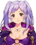 1girl 1girl alluring bikini braid brown_eyes closed_mouth female_focus fire_emblem fire_emblem_awakening fire_emblem_heroes fire_emblem_warriors half_up_braid intelligent_systems jewelry jurge necklace nintendo o-ring o-ring_bikini purple_bikini robin_(fire_emblem) robin_(fire_emblem)_(female) robin_(summer)_(fire_emblem)_(female) simple_background smile strapless strapless_bikini swimsuit twin_tails upper_body white_background white_hair